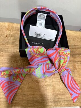 Versace Multicolor Silk Bow Headband in Lavender, Neon Green & Coral